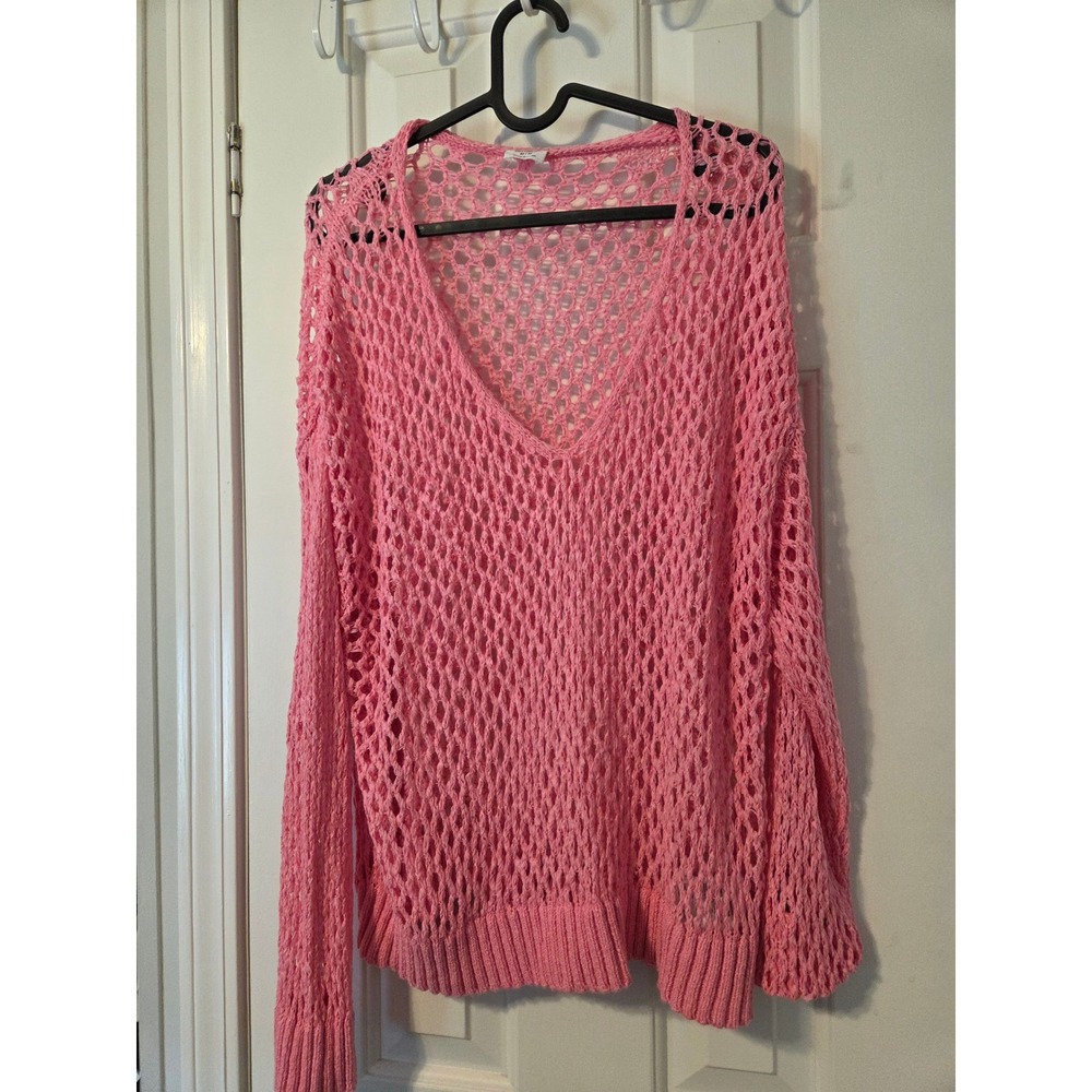 Cotton On Pink Open Knit V-Neck Sweater Crochet Mesh Pullover Medium